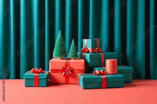 Elegant gift arrangement with christmas trees against a teal curtain backdrop