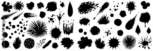 Collection of expressive brush shapes, ink blotches, and hand-painted textures, vector style