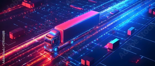 A futuristic self-driving truck navigating a neon city, showcasing smart logistics.
