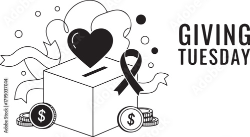 Giving Tuesday donation box with heart ribbon and coins charity fundraising