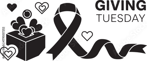 Giving Tuesday donation box with hearts and a large ribbon charity fundraising