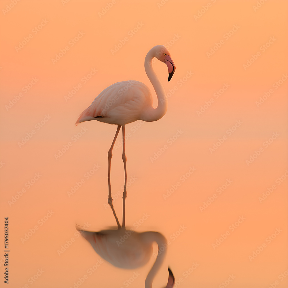Obraz premium A minimalist shot of a flamingo standing in shallow, still water against a soft gradient background of orange and pink