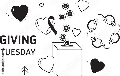 Giving Tuesday donation box with hearts and ribbon icons charity fundraising