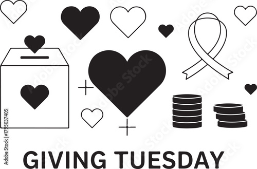 Giving Tuesday donation box with hearts and coins simple icons Keywords: giving tuesday
