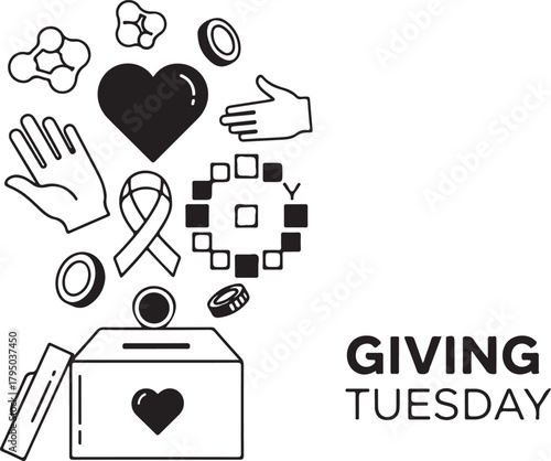 Giving Tuesday donation box with hearts and ribbon icons charity fundraising
