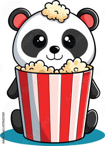 Cute panda character sitting in a popcorn 