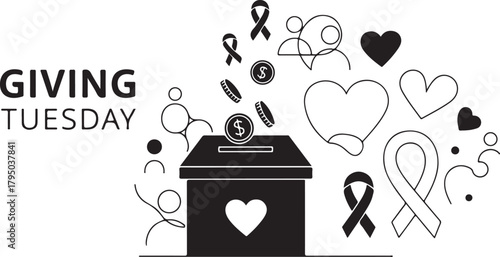 Giving Tuesday donation box with hearts, ribbons, and abstract figures Keywords: Giving Tuesday