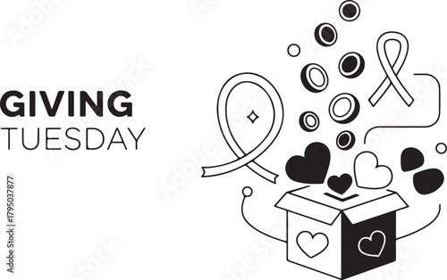Giving Tuesday donation box with hearts ribbons and coins charity fundraising