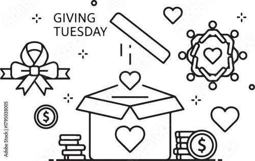 Giving Tuesday donation box with open lid and scattered elements Keywords: Giving Tuesday