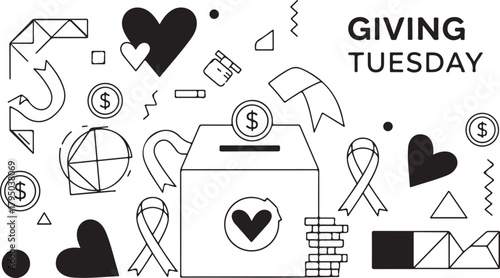 Giving Tuesday donation box with ribbons hearts and coins charity