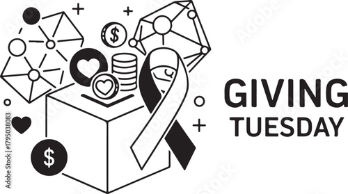 Giving Tuesday donation box with ribbon heart coins and network shapes charity fundraising