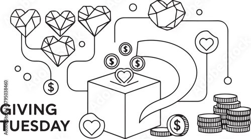 Giving Tuesday donation concept with geometric hearts and coins charity fundraising