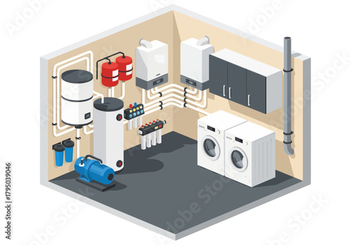 An isometric cutaway illustration details a modern utility room's complex system, including boilers, water heaters, filtration units, a pump, and laundry appliances