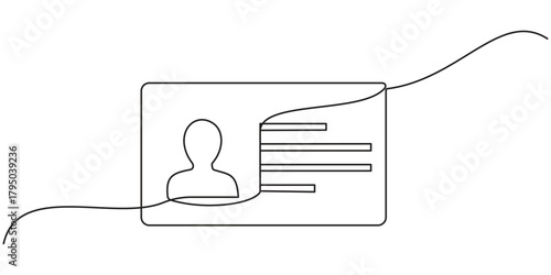 Minimalist continuous line drawing of a blank ID card hanging from a lanyard. Simple vector design representing identification, business access, employee badge, or conference credentials.