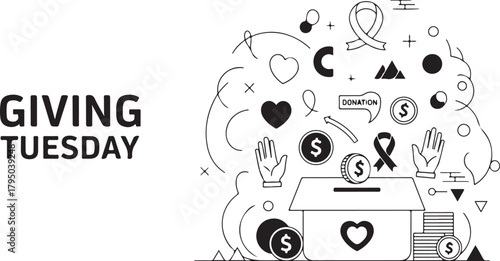 Giving Tuesday doodle with donation box and money symbols charity fundraising