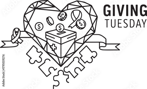 Giving Tuesday geometric heart with donation box coins and puzzle pieces charity