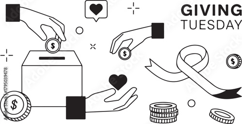 Giving Tuesday Hands Donating Coins to Box Heart Ribbon donation charity