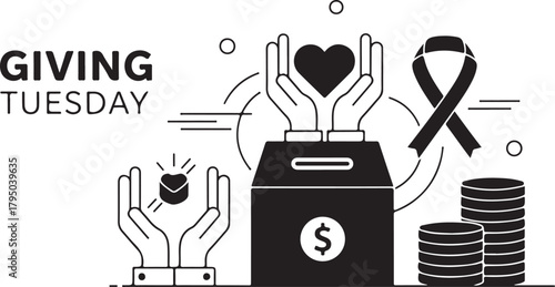 Giving Tuesday hands holding heart above donation box with coins charity fundraising