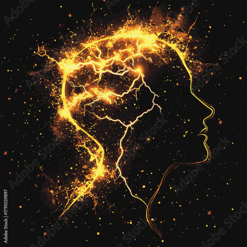A silhouette of a human head surrounded by lightning, symbolizing thought and energy.   , vector style simple color