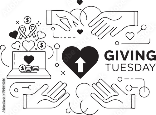 Giving Tuesday hands reaching out with donation and support icons