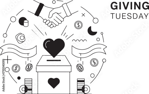 Giving Tuesday handshake and donation box with hearts and coins charity