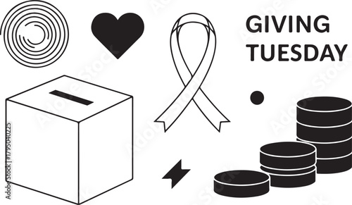 Giving Tuesday icons donation box coins heart and ribbon charity fundraising