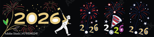 Year 2026 Celebration: Illustrative composition, a visually striking graphic, fireworks bursting with vibrant colors, and a lively celebration!