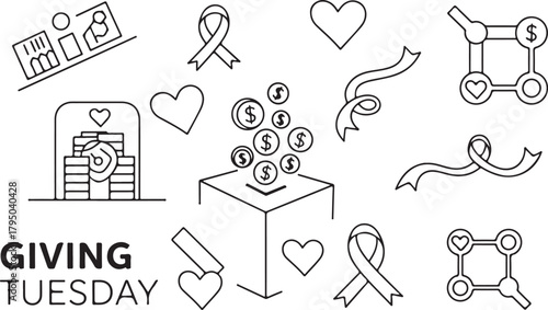 Giving Tuesday icons including donation box, hearts, and ribbons charity fundraising