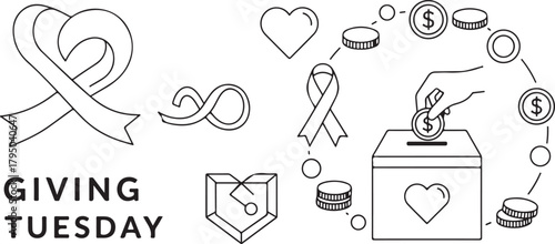 Giving Tuesday icons with donation box ribbon and coins Keywords: giving tuesday, concept