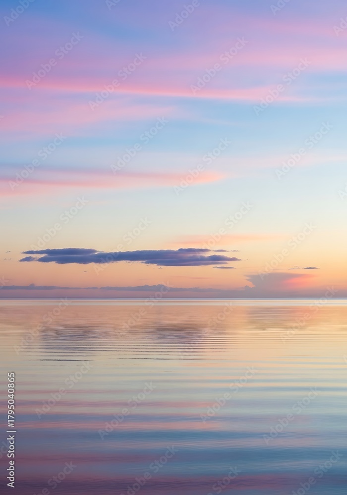Fototapeta premium Tranquil seascape featuring pastel sunset hues reflecting in calm water