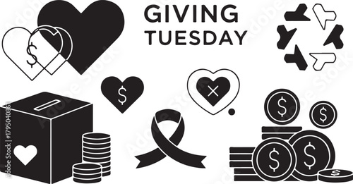 Giving Tuesday solid icons with donation box and coins charity fundraising