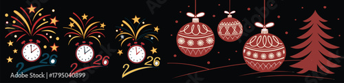 New Year's Eve illustration: Festive fireworks, clock illustrations with the date 2024 and holiday ornaments symbolize the spirit of celebration and the anticipation of a new year.