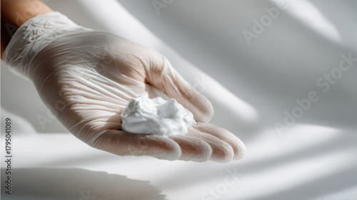 Wallpaper Mural A gloved hand delicately holds a white cloud-like substance, evoking cleanliness and care Torontodigital.ca