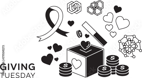 Giving Tuesday with donation box, hearts, coins, and ribbon charity fundraising.