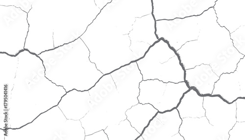 Abstract pattern of intersecting dark grey cracks on a stark white background creating a textured surface