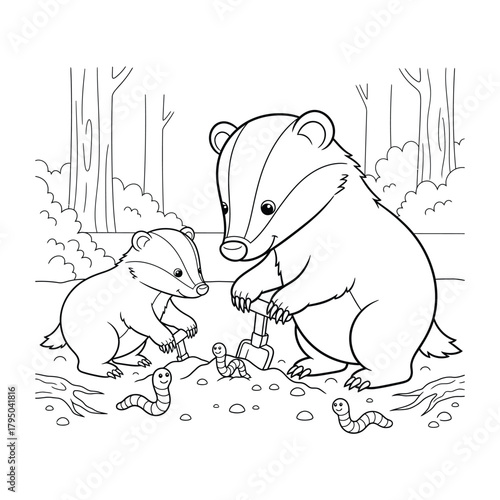 Badger parent and cub digging for worms in a woodland setting