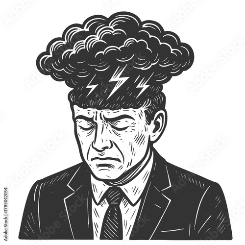 businessman with a storm cloud, rain, and lightning above his head, symbolizing stress, anxiety, and mental burden sketch engraving generative ai vector illustration. Scratch board. Black and white.