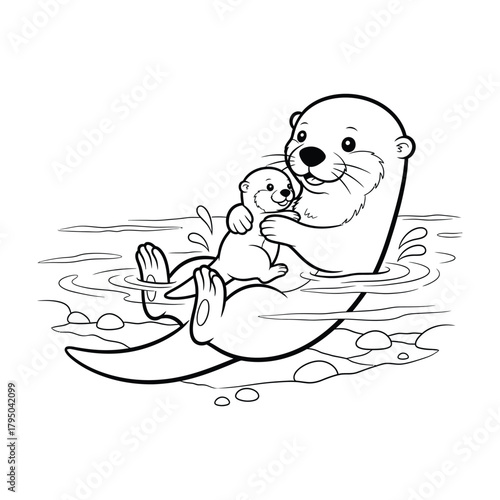 Mother otter holding baby otter in water line drawing for coloring