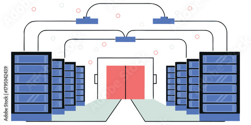 Digital data streams flowing through server racks, blue and white lights, futuristic data center interior.