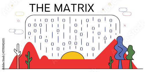 Matrix-inspired visualization of big data, falling green binary rain over digital landscape, cinematic style.