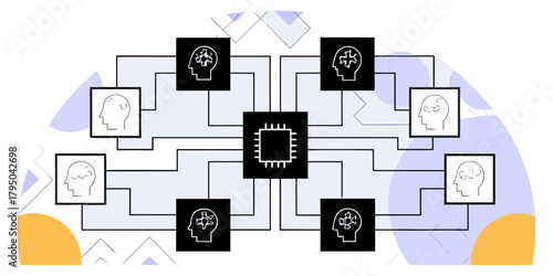 Visualization of machine learning and big data integration, layered digital patterns with AI icons.