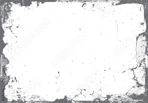 Distressed grunge texture overlay with rough concrete edges and scattered dust particles on a white background
