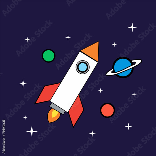 Cartoon rocket ship flying in outer space adventure