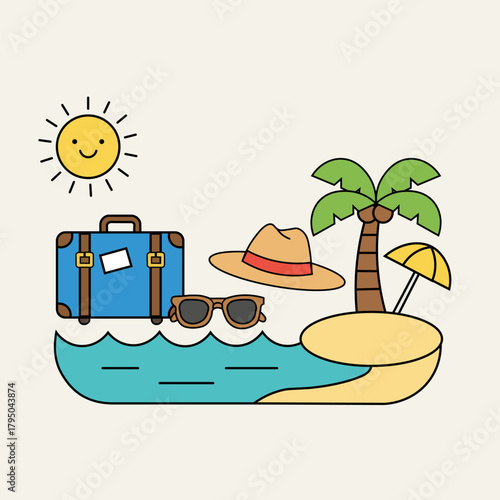 Summer travel vacation getaway icons and items