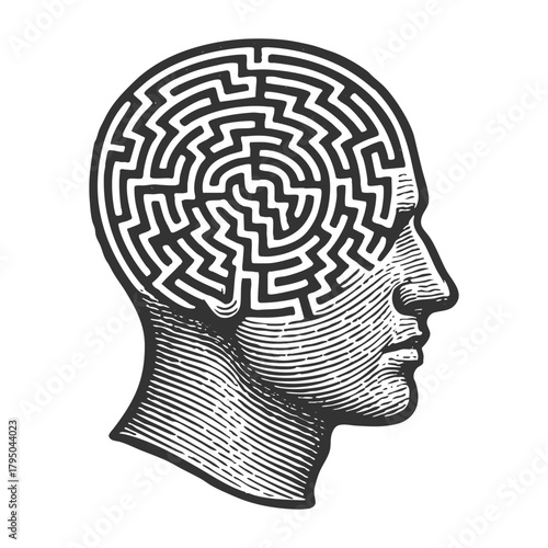 human head with a labyrinth inside the brain, problem-solving and complex thinking sketch engraving generative ai vector illustration. Scratch board imitation. Black and white image.