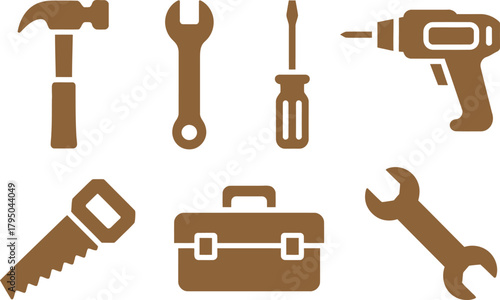 Construction and repair tools silhouette icons set. hammer, wrench, drill, toolbox vector illustration
