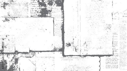 Faded handwritten script and ink splatters on textured paper background with distressed elements grunge