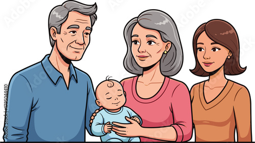 Happy grandparents with daughter holding newborn baby, multi-generation family portrait, smiling senior couple enjoying time with grandchild, family love illustration vector