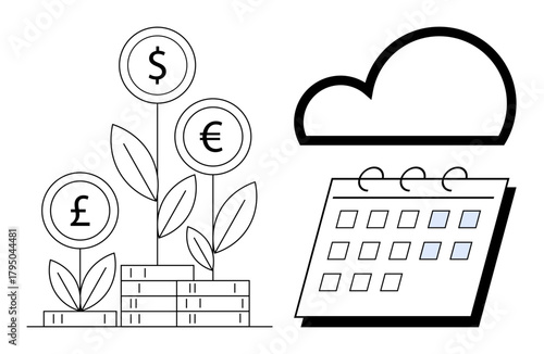 Currency plants growing from stacked coins symbolize financial growth. Cloud storage icon adjacent to a calendar depicts data organization, planning, and management. Ideal for finance, economy
