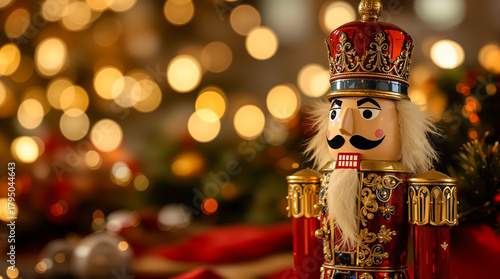 Nussknacker in festlicher Weihnachtsdekoration mit Lichtern und Tannenbaum